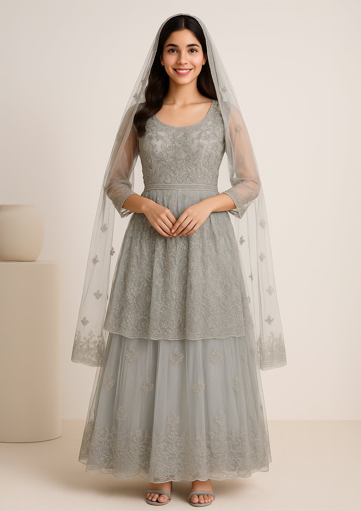 Elegant Heavy Net Embroidered 3-Piece Set (Top + Skirt + Dupatta)