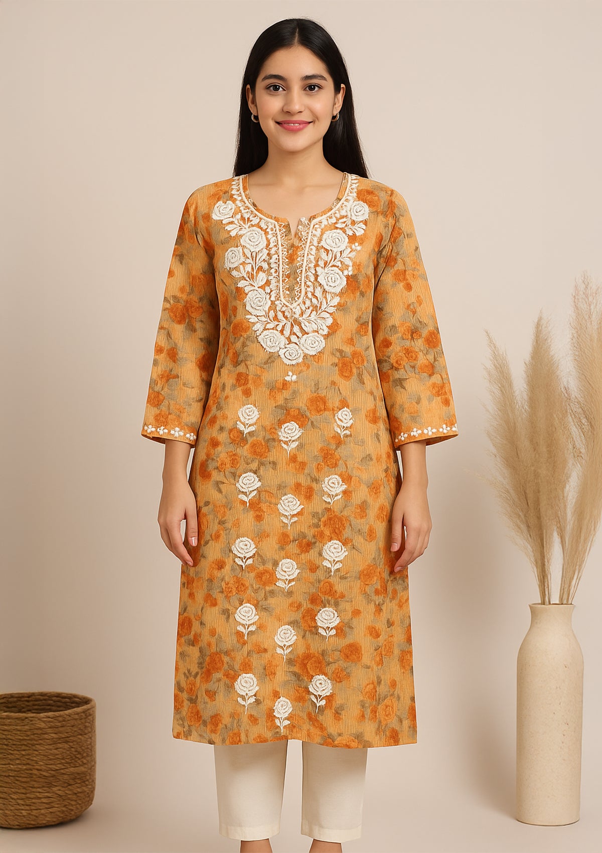 Orange Floral Kota Doria Embroidered Kurti – Size 42