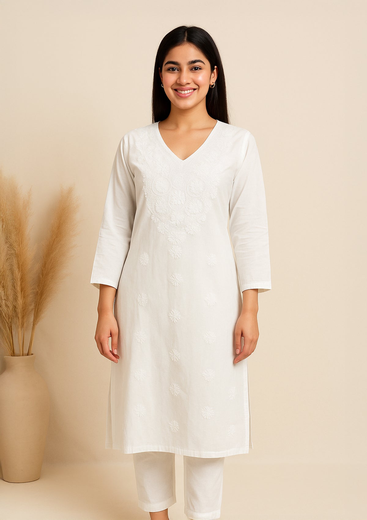 Chikankari Cotton Women’s Kurta – White on White Embroidery