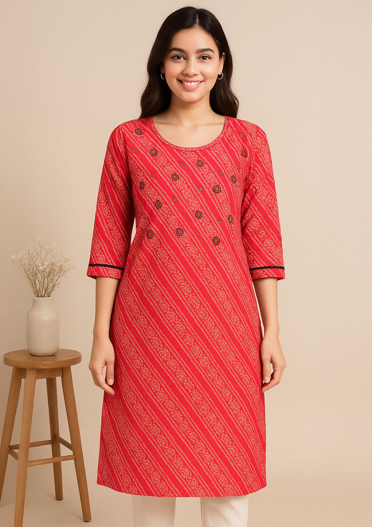 Carrot Red Printed Cotton Kurti with Minimal Work – Everyday Style