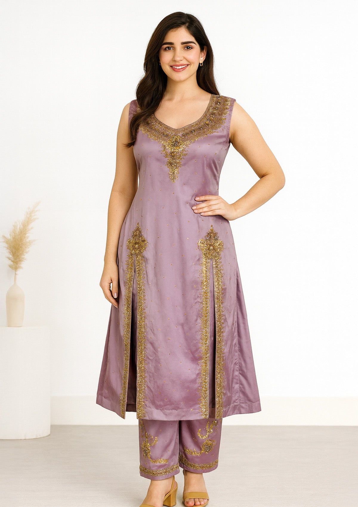 Elegant Lavender Taffeta Silk Kurta Set with Golden Embroidery