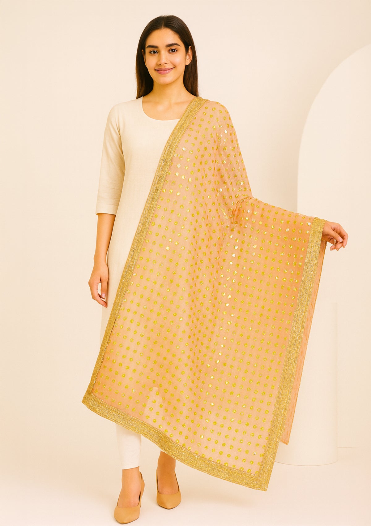 Designer Peach Net Fabric Dupatta with Heavy Golden Sequin Work