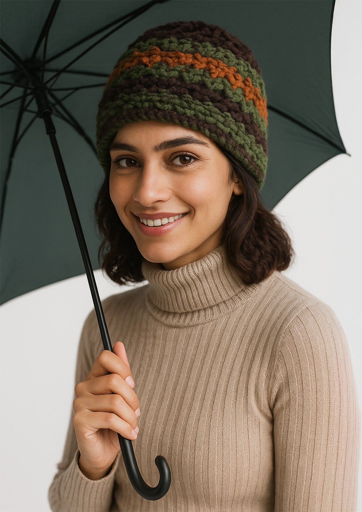 Hand-Crochet Look Woolen Winter Cap – Multi-Color Knit Beanie with Scarve