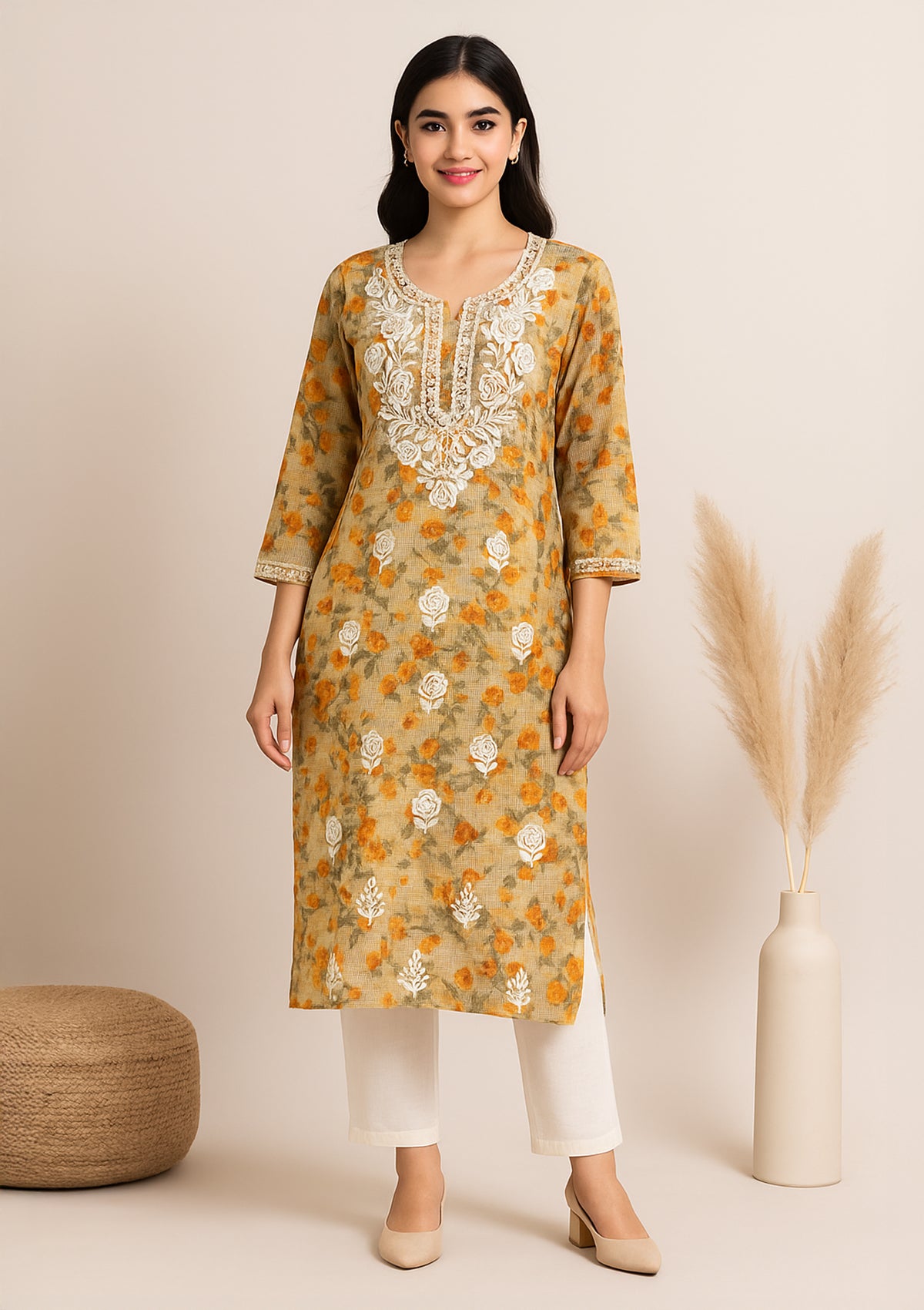 Yellow Shades Floral Kota Doria Kurti with Embroidery