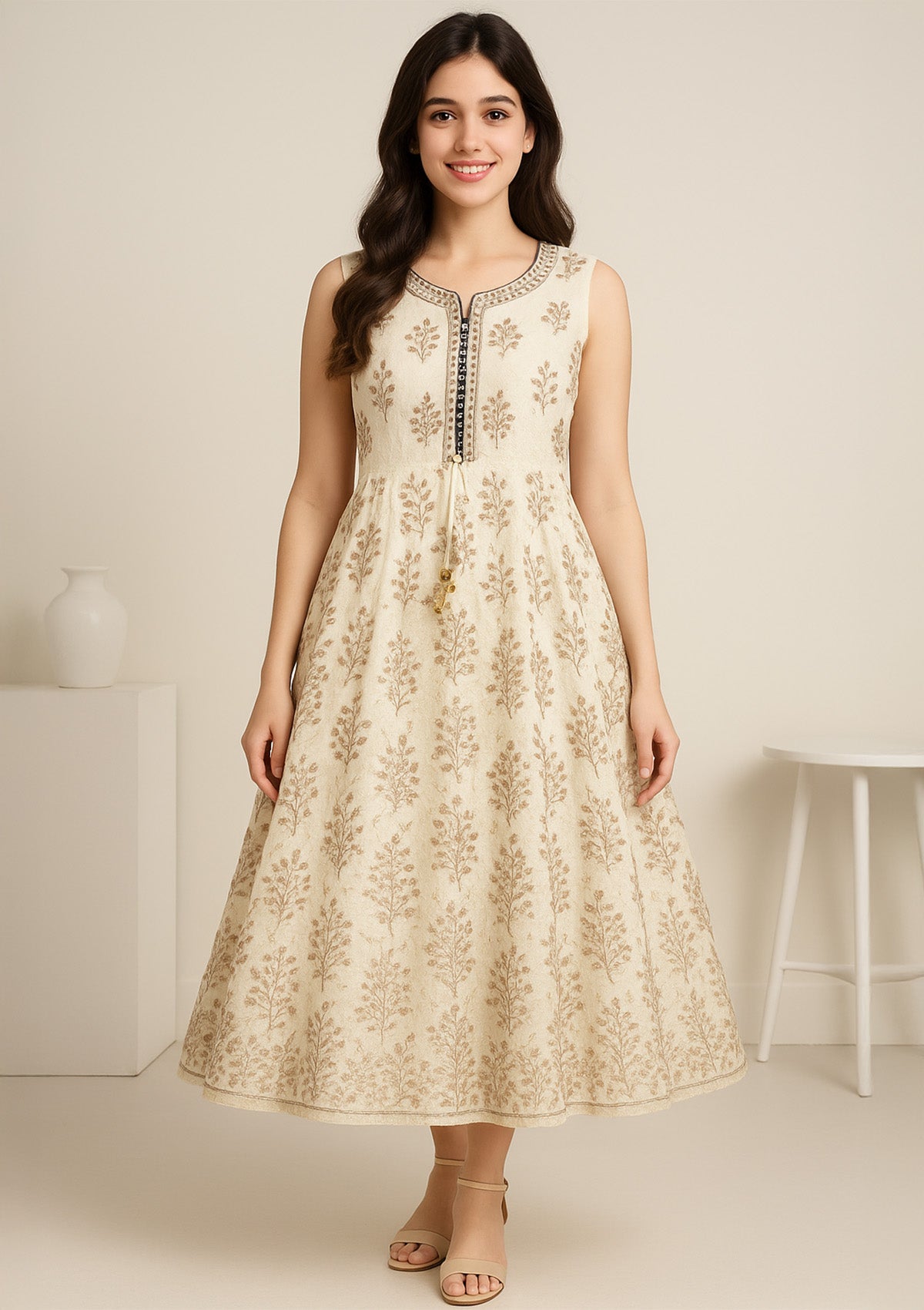 Elegant Off-White Silk Anarkali Gown with Embroidery – Size L