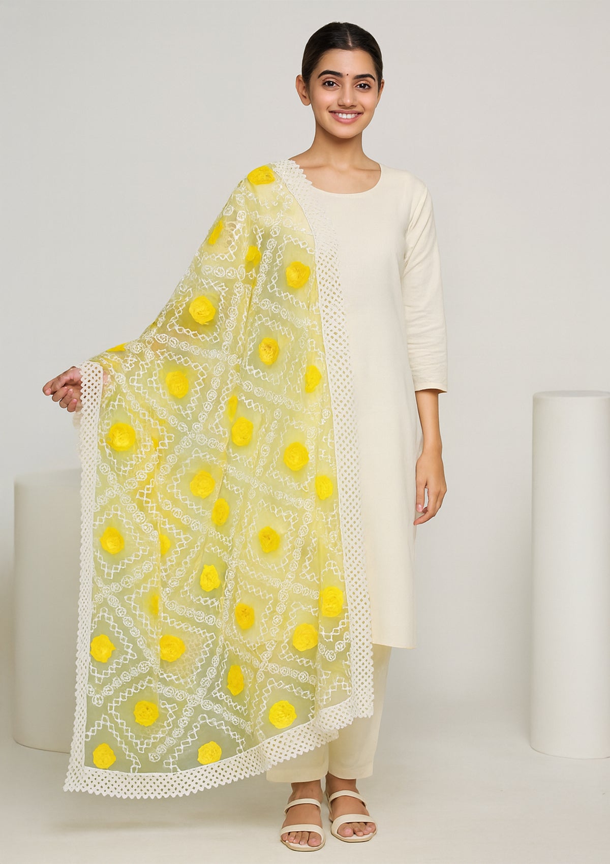 White Net Dupatta with Yellow 3D Floral Embroidery and Lace Border