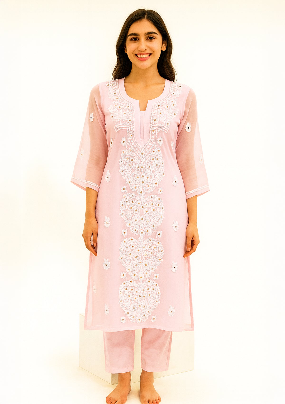 ClothingSutra Pastel Pink Georgette Kurti with Chikankari Embroidery & Mirror Work 36