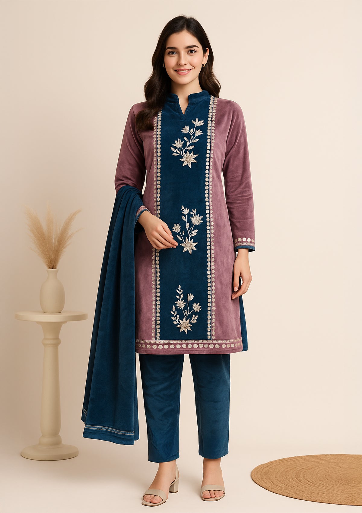 Luxury Velvet Embroidered Suit Set - Purple & Blue Combination