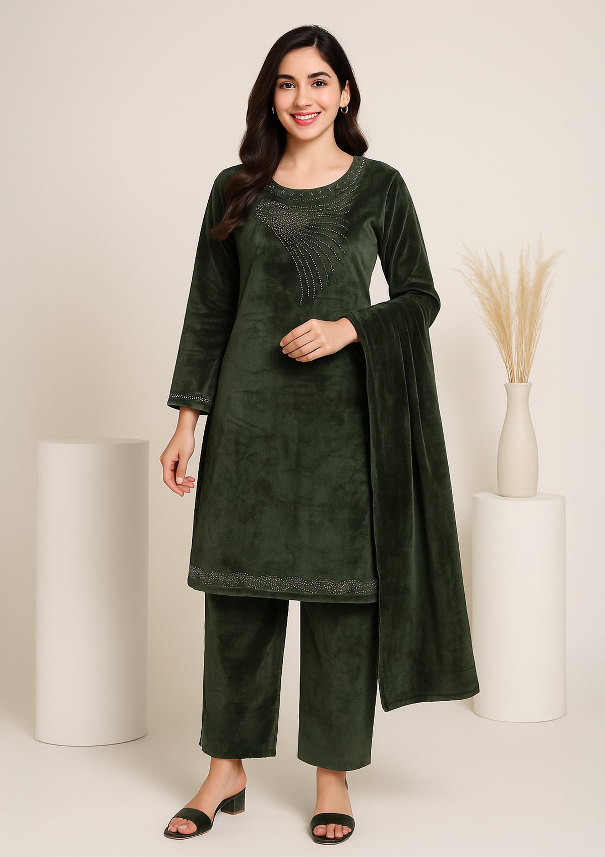 Dark Green Velvet Suit with Elegant Stone Work - Winter Wear