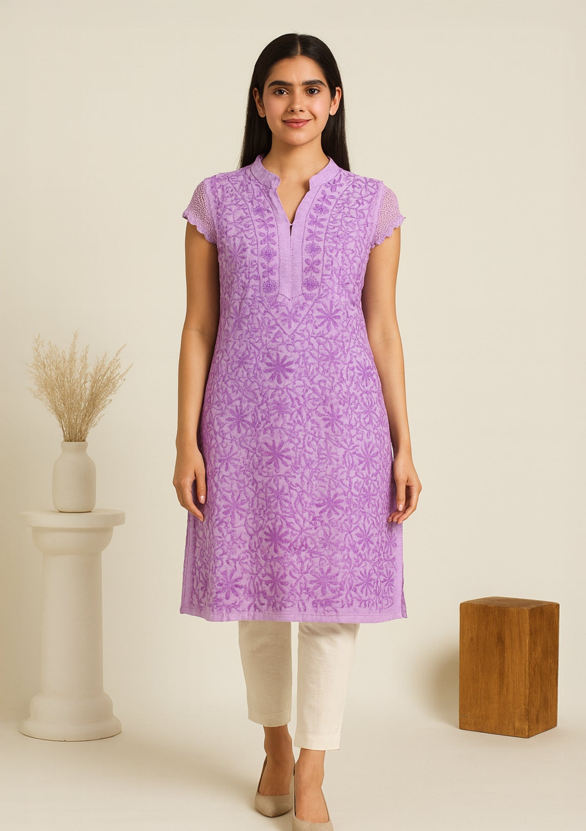 Lavender Cotton Chikankari Short Kurti – Elegant Everyday Wear