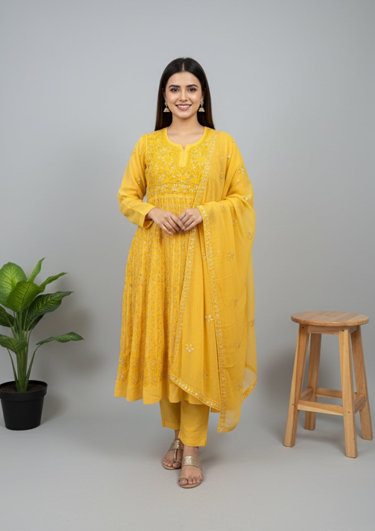 Yellow Georgette Kurti with Dupatta – Gota Patti Embroidery