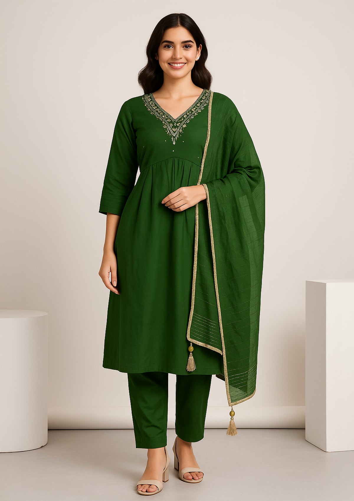 Elegant Silk Aaliya Cut Green Suit with Dupatta – XXL Size