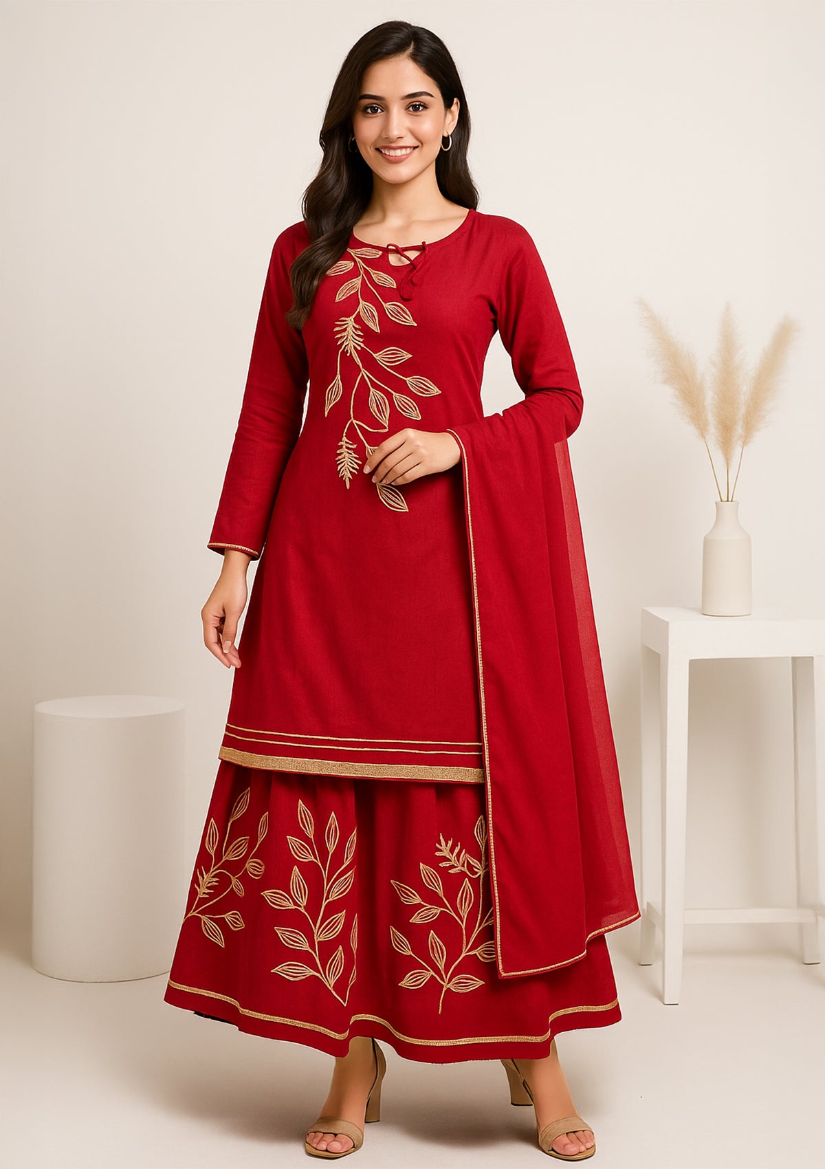 Elegant Red Chanderi Silk Skirt Suit with Dupatta – Embroidered Set