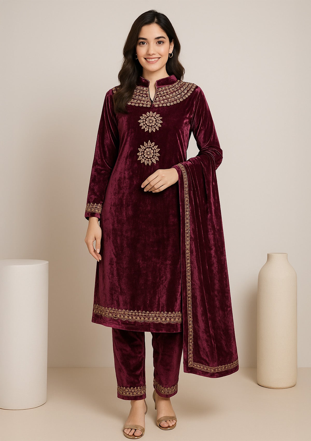 Maroon Velvet Embroidered Pakistani Suit Set with Dupatta