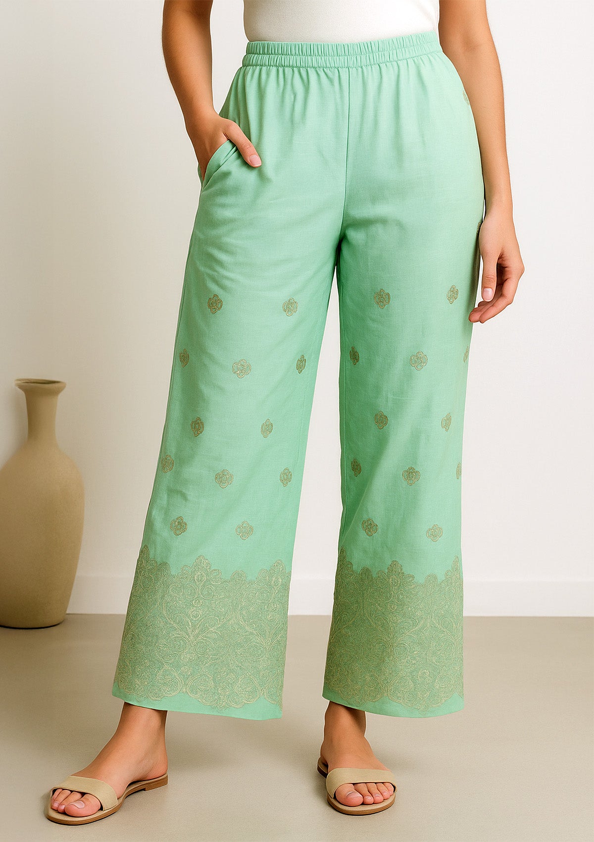 Women’s Mint Green Cotton Palazzo Pants – Foil Print Floral Border