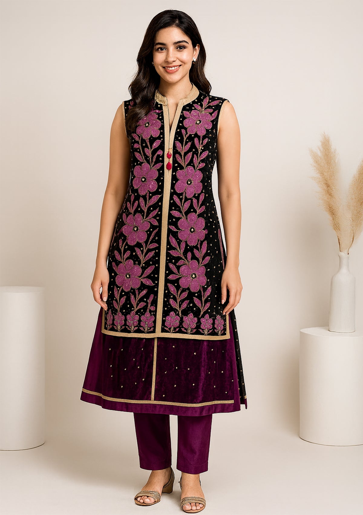 Designer Net & Velvet Pajami Suit with Floral Embroidery – Party Wear