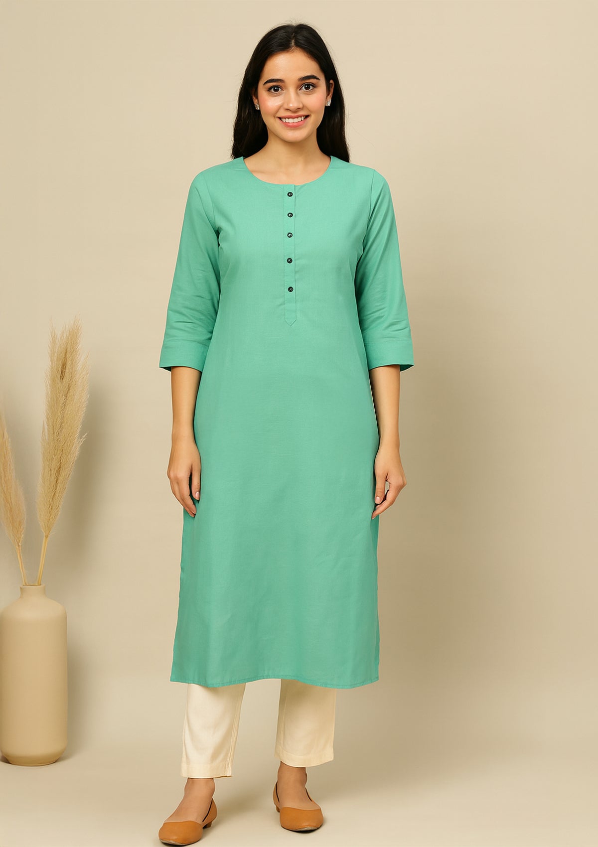 Green Cotton Straight Kurti with Button Placket – Everyday Classic