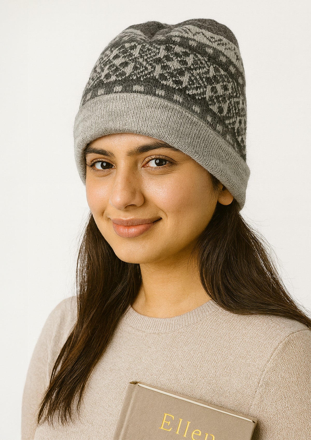 Unisex Knit Winter Beanie – Grey & Black Nordic Pattern