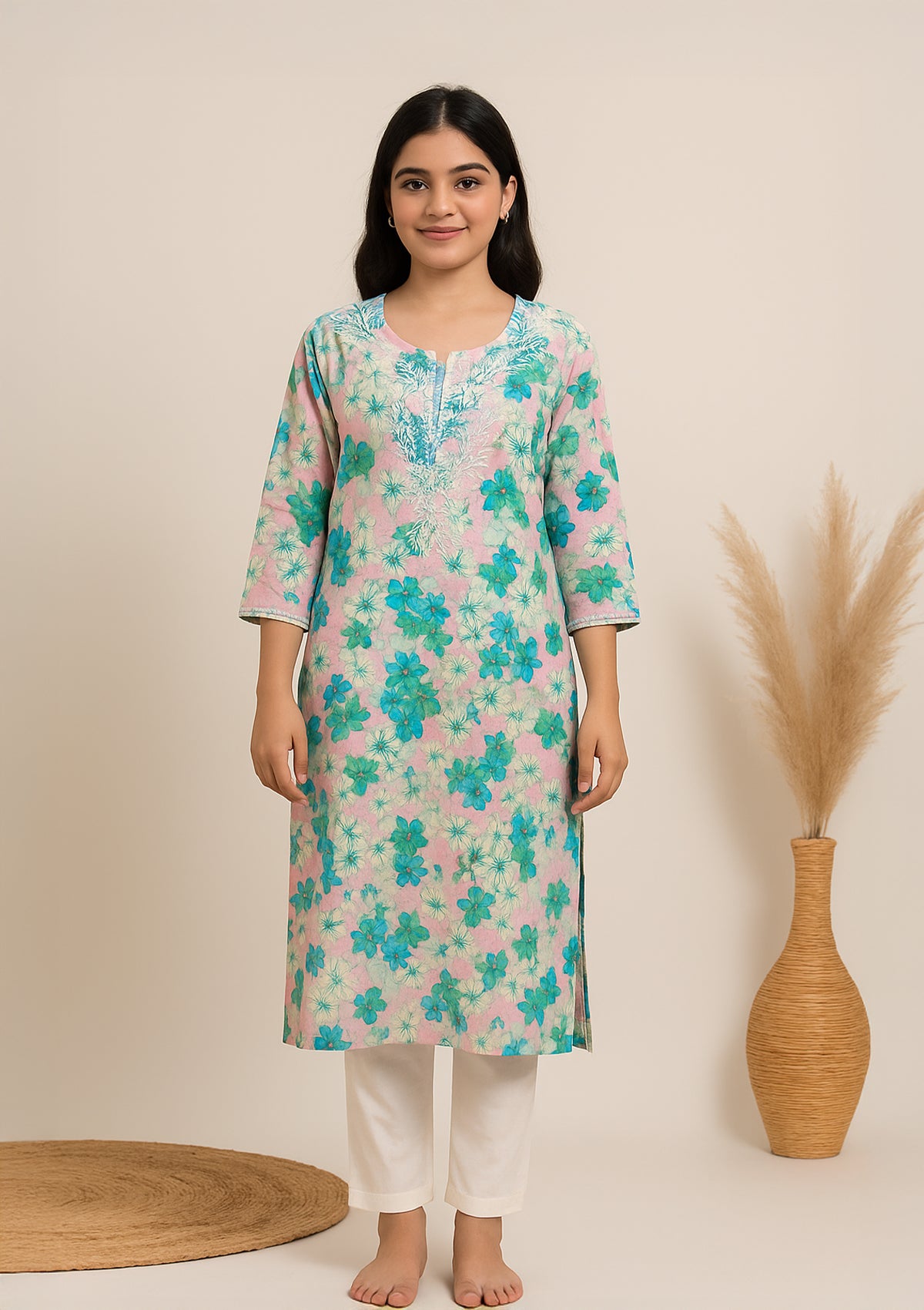 Floral Printed Women’s Long Kurta with Embroidery – Blue-Green on Pink