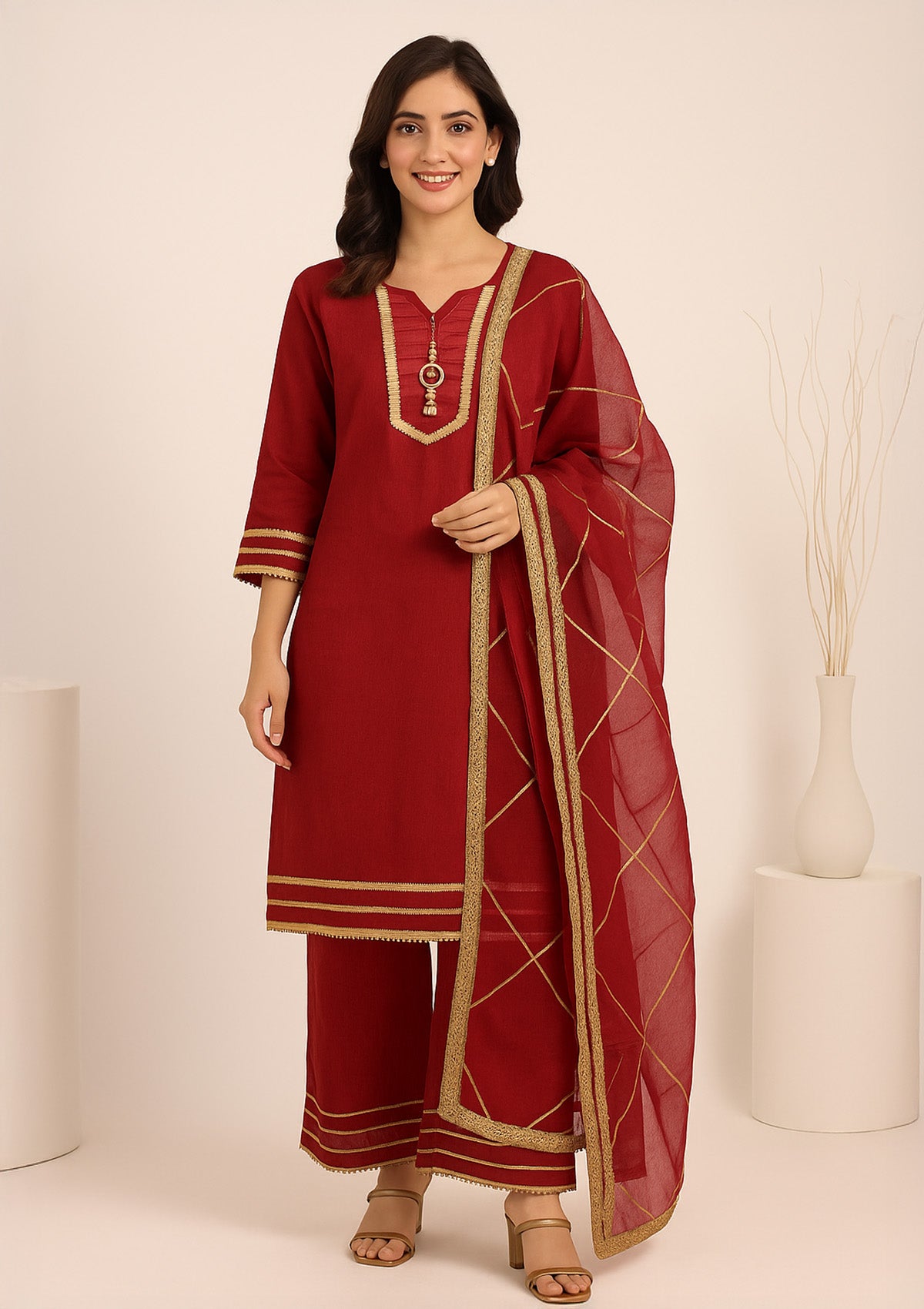 Maroon Georgette Kurti with Golden Lace – Three-Piece Designer Suit Set