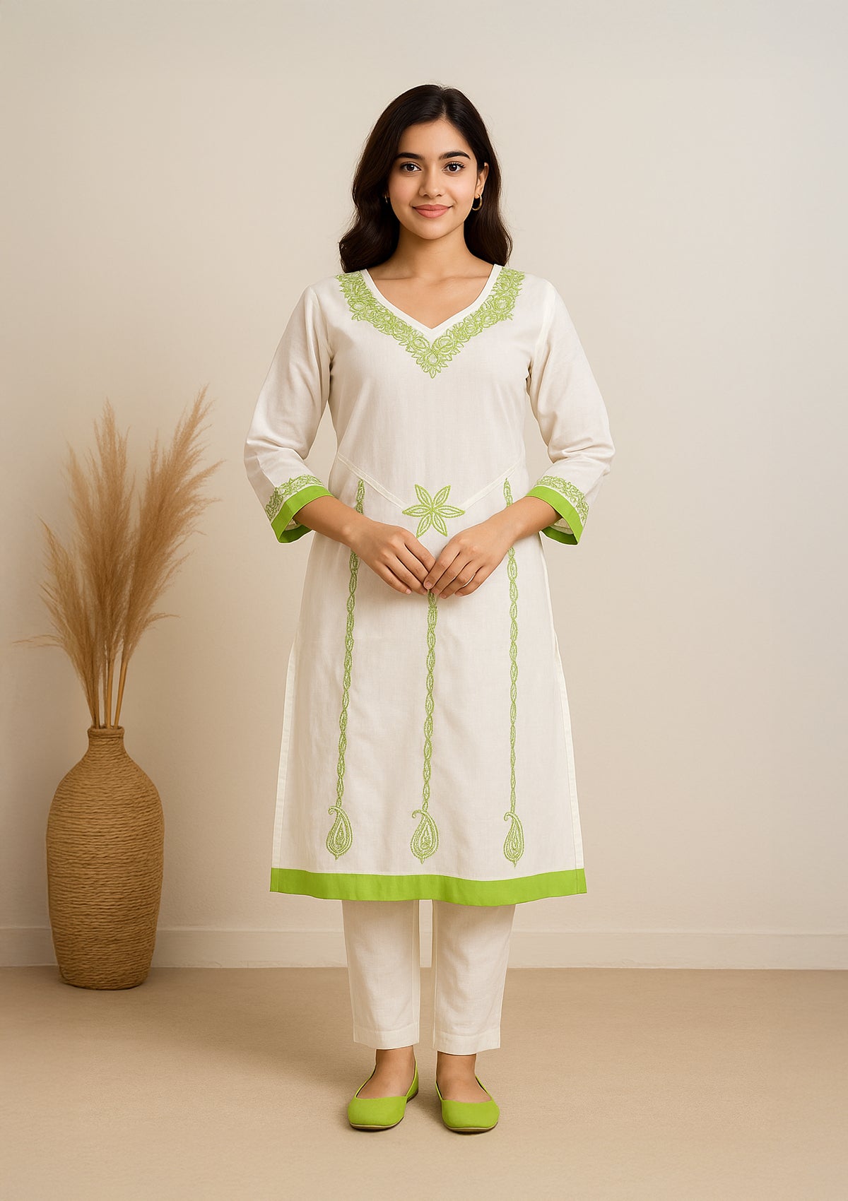 ClothingSutra Elegant White Cotton Kurti with Green Embroidery Detailing 42