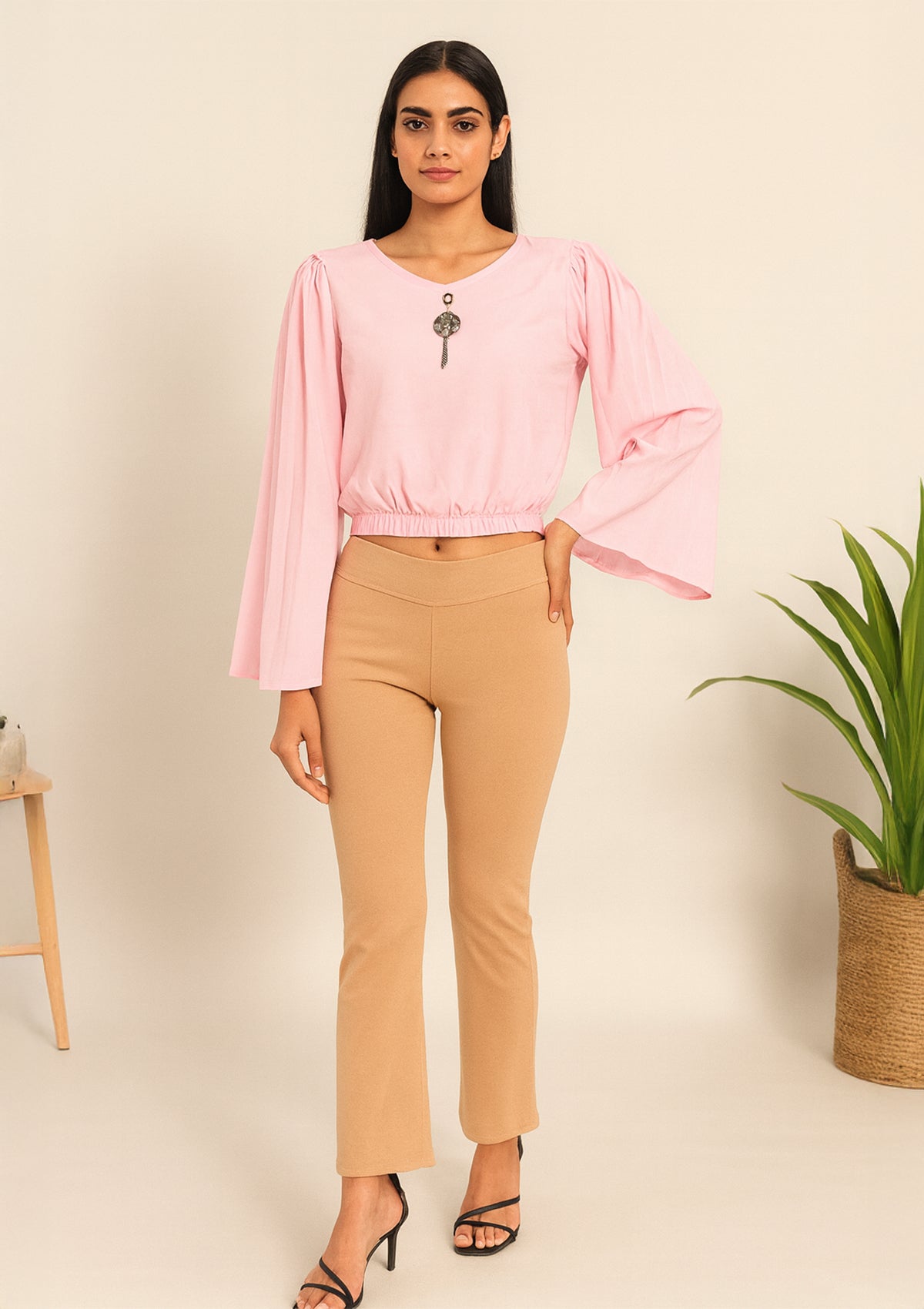 Women’s Baby Pink Georgette Balloon Sleeve Short Top