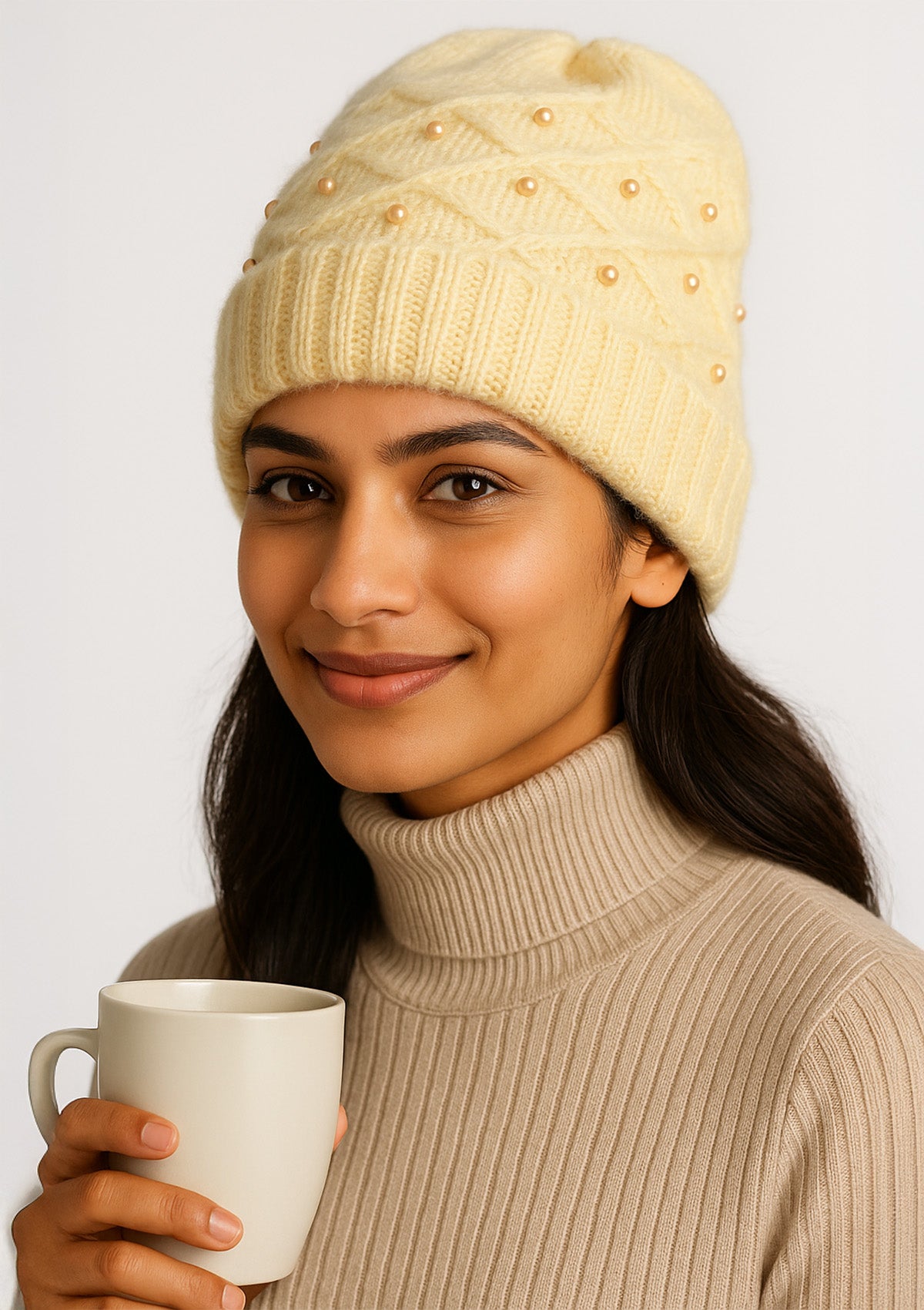 Elegant Cream Woolen Fur Winter Cap for Women – Soft Plush