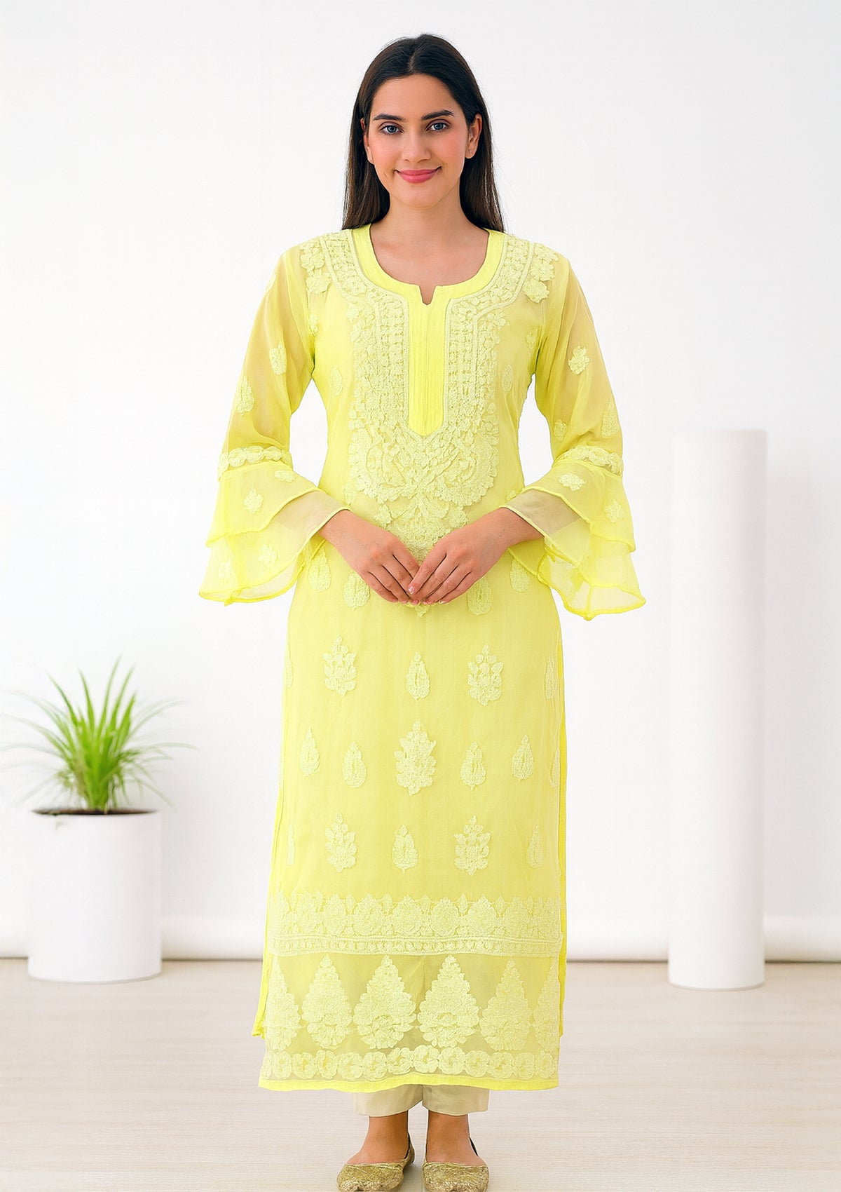 ClothingSutra Lemon Yellow Chikankari Georgette Kurti with Flared Sleeves 44