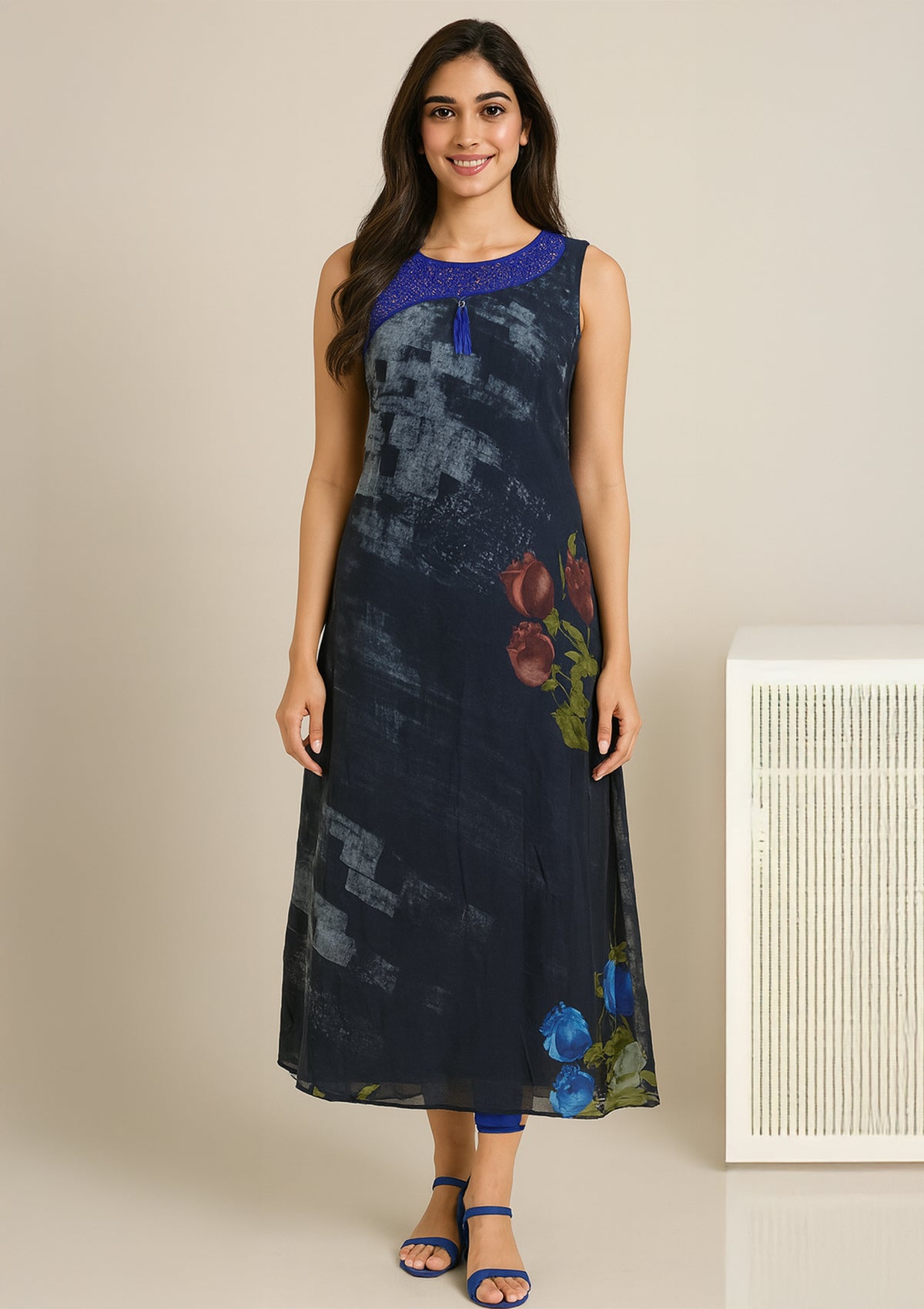 Navy Blue Georgette Gown with Embroidered Neckline & Floral Print