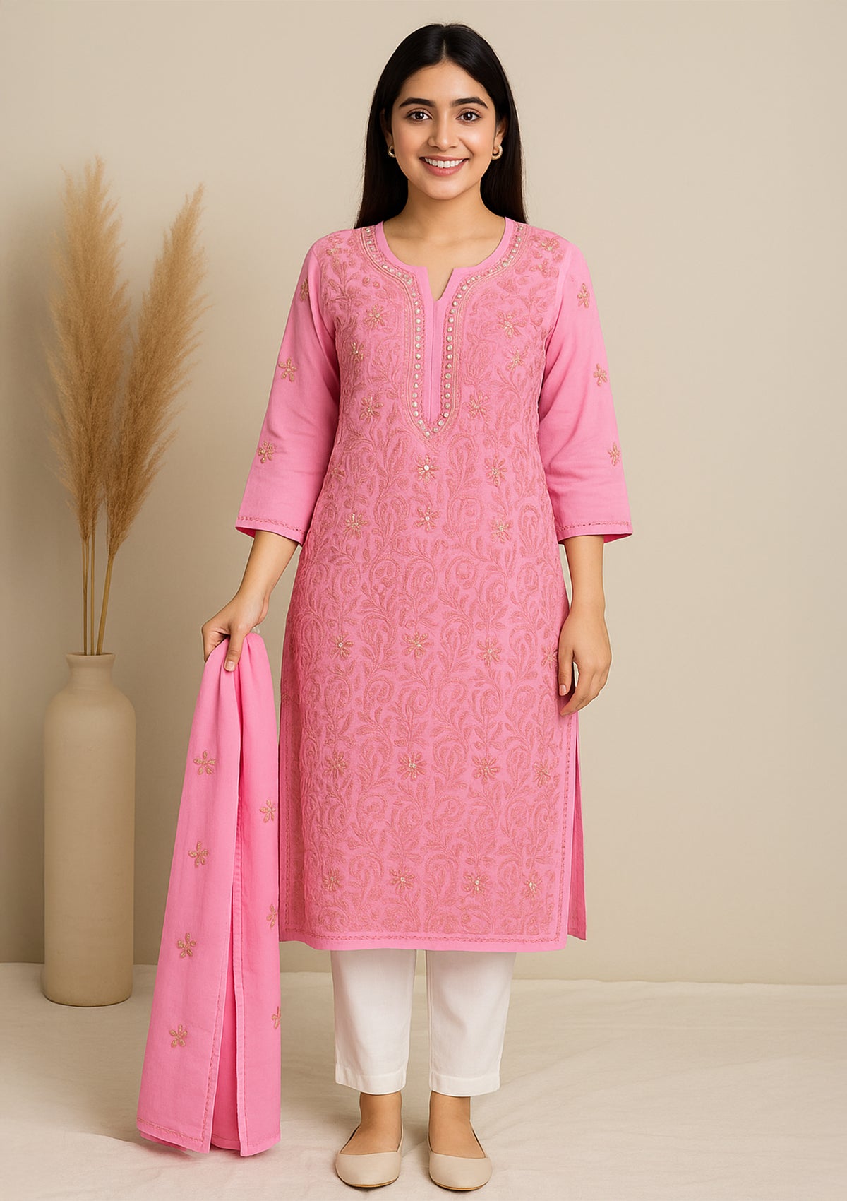 Georgette Chikankari Kurti with Dupatta – Pink (Gottapatti Embroidery)