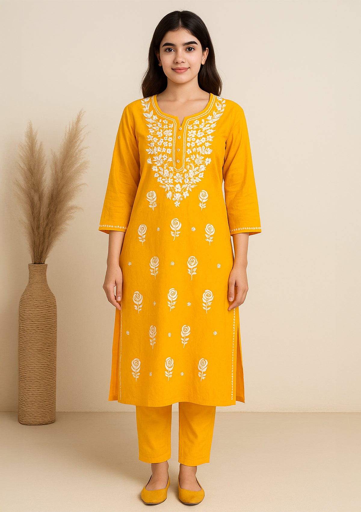 Chikankari Embroidered Women’s Kurta – Yellow (Rayon)