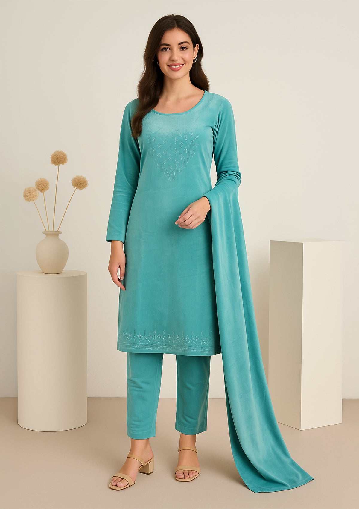 Aqua Blue Velvet Plaazo Suit - Party Wear Embroidered