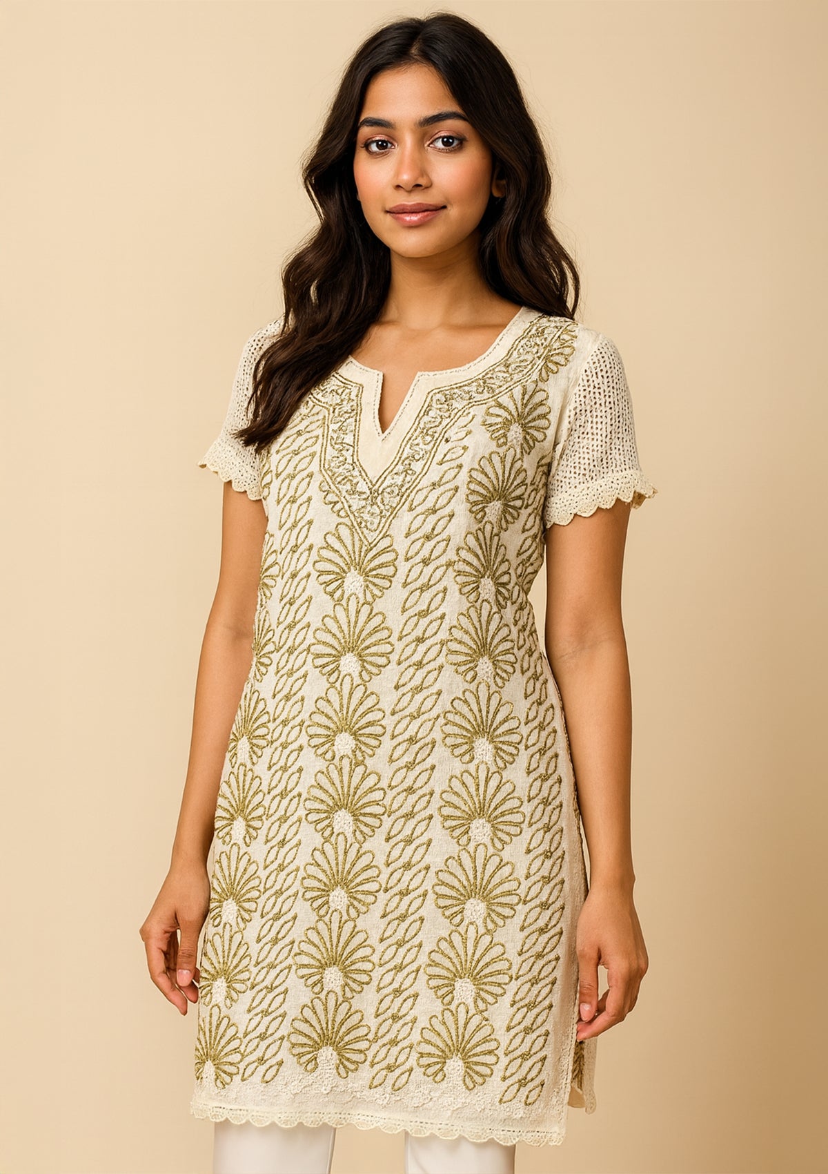 Elegant Short Cream Cotton Embroidered Kurti – Half Sleeves