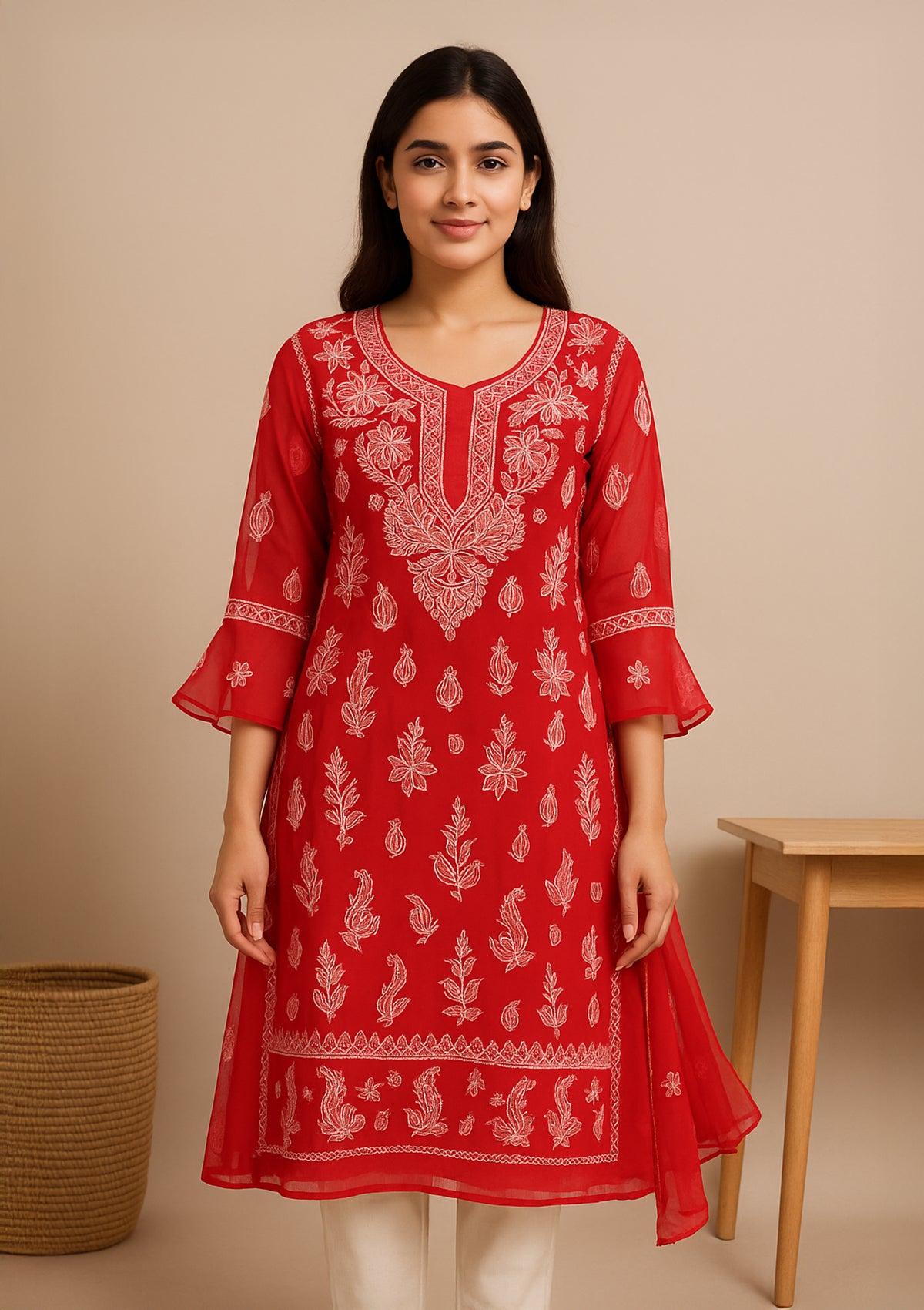 ClothingSutra Georgette Embroidered Kurti – Sheer Elegance with Flared Sleeves