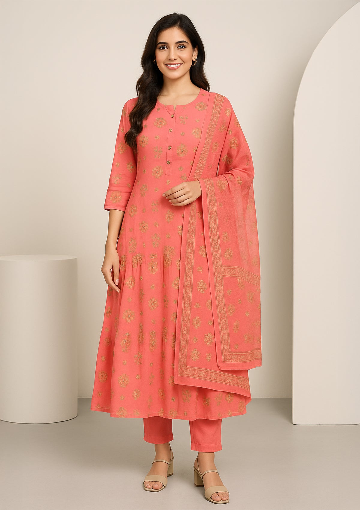 Peach Pink Cotton Kurti with Dupatta – Elegant Festive Wear