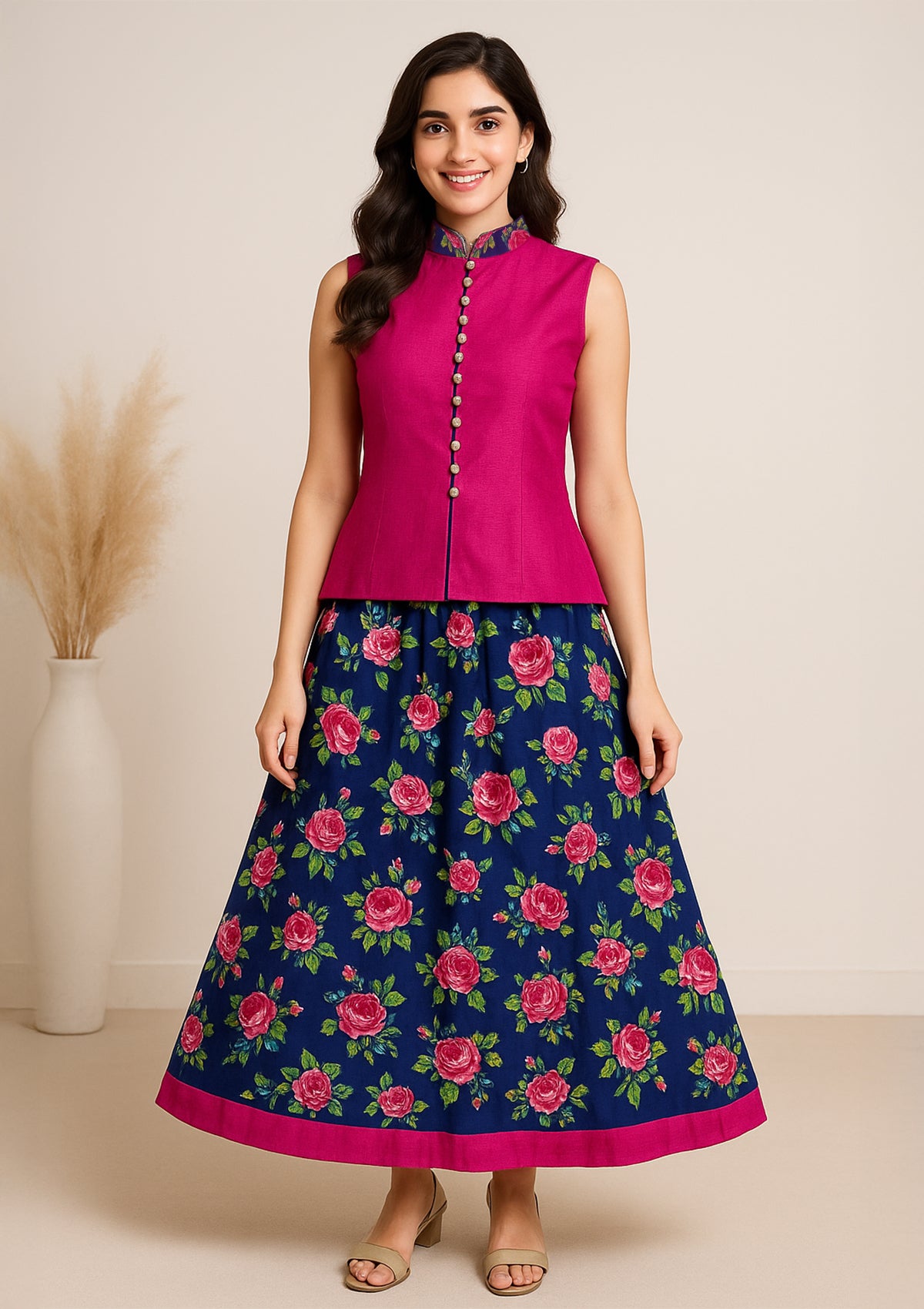 Premium Chanderi Short Top with Navy Blue Floral Brocade Skirt