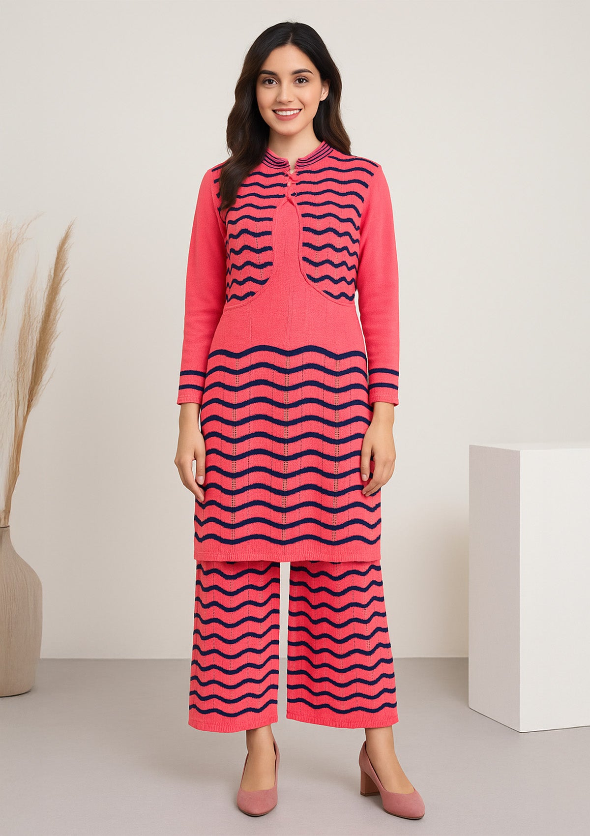 Trendy Pink & Navy Woollen Suit Set - Stylish Winter Kurti