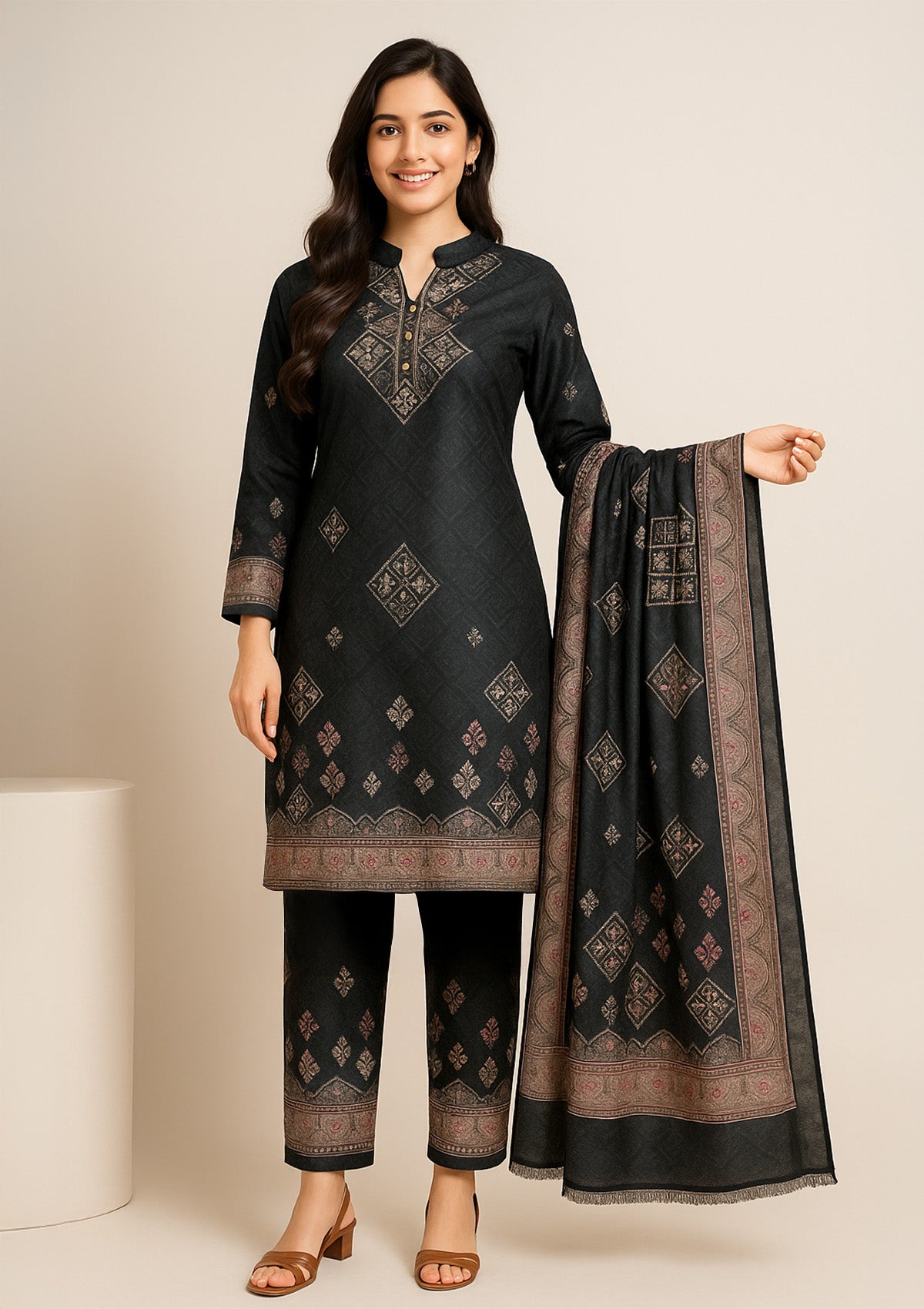 Elegant Woollen Karachi Suit - Black Winter Wear with Dupatta