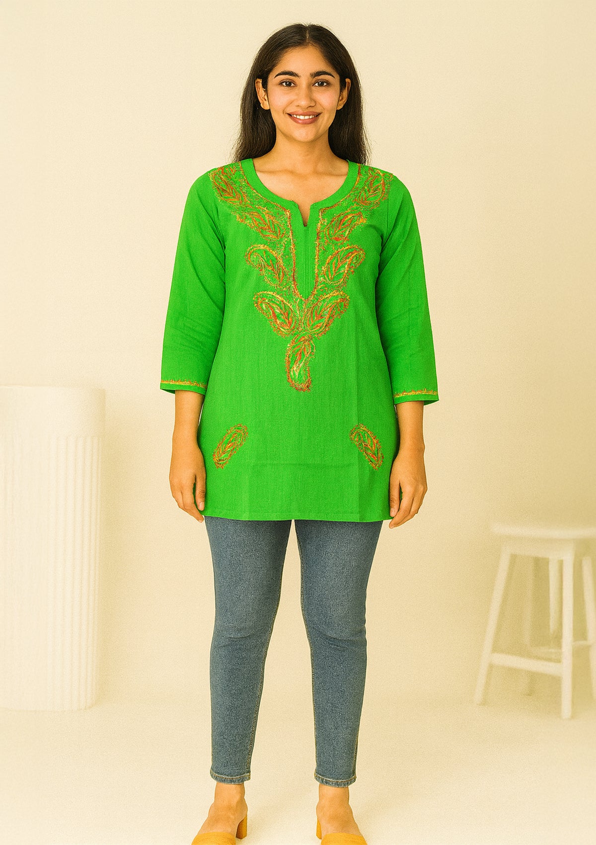 ClothingSutra Fresh Green Embroidered Cotton Kurti – Short Length 38