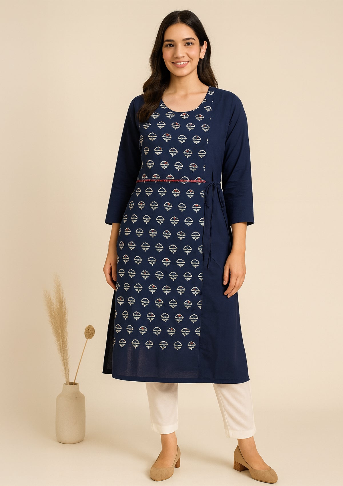 Navy Blue Cotton Kurti with Printed Panel & Side Tie