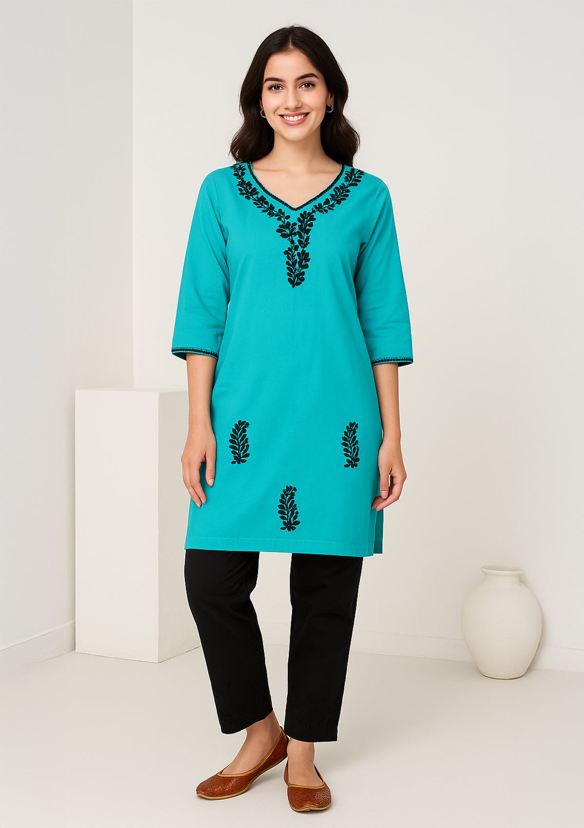 Teal Blue Cotton Embroidered Short Kurti with Black Pants