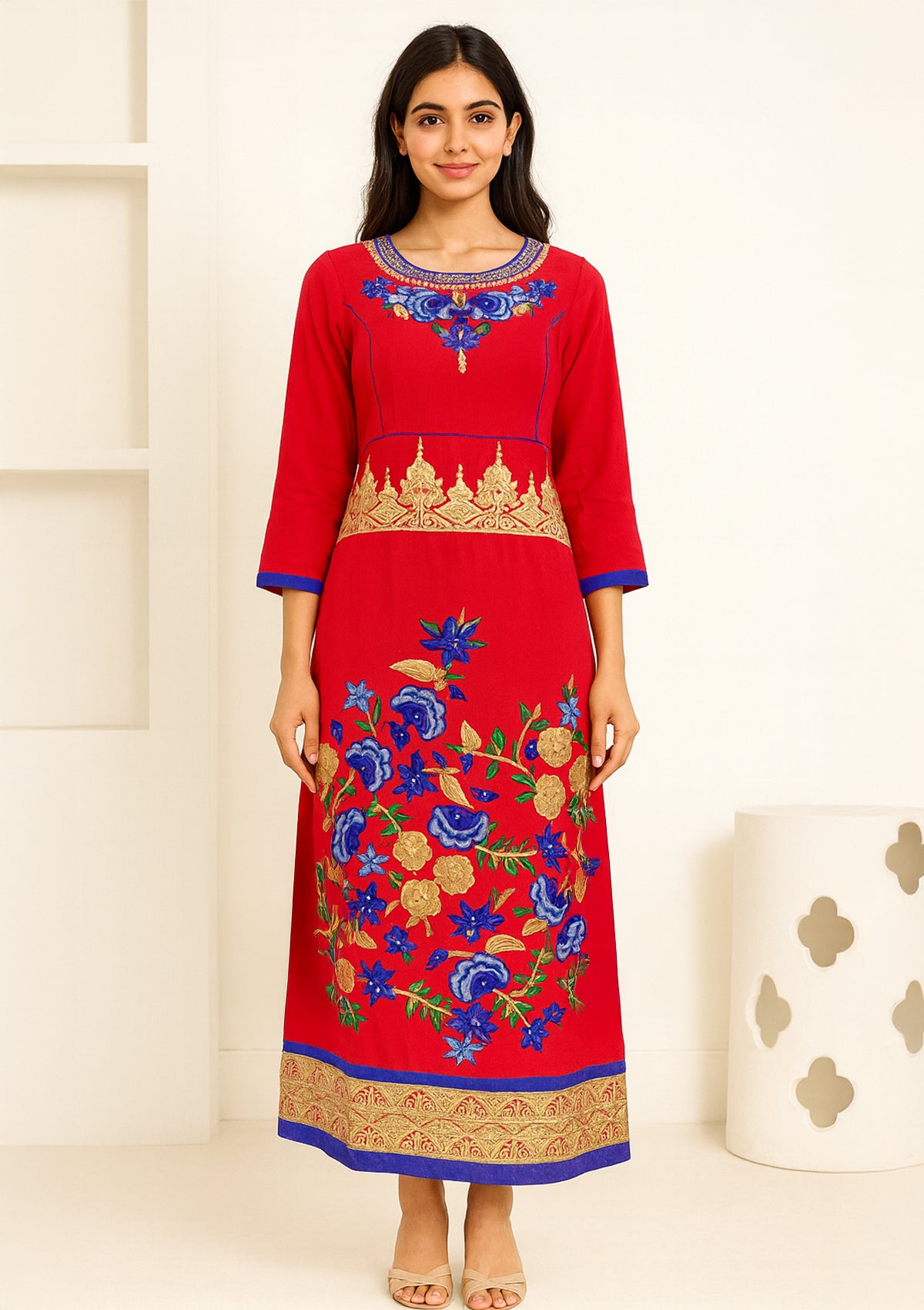 Red Georgette Embroidered Long Kurti with Golden & Blue Detailing