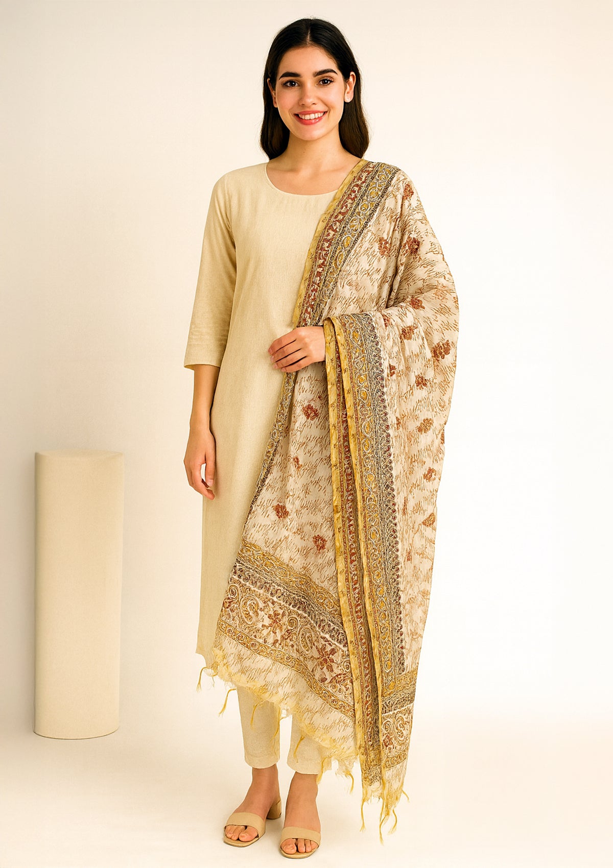 Elegant Cream Silk Dupatta with Multi-Colored Floral Print