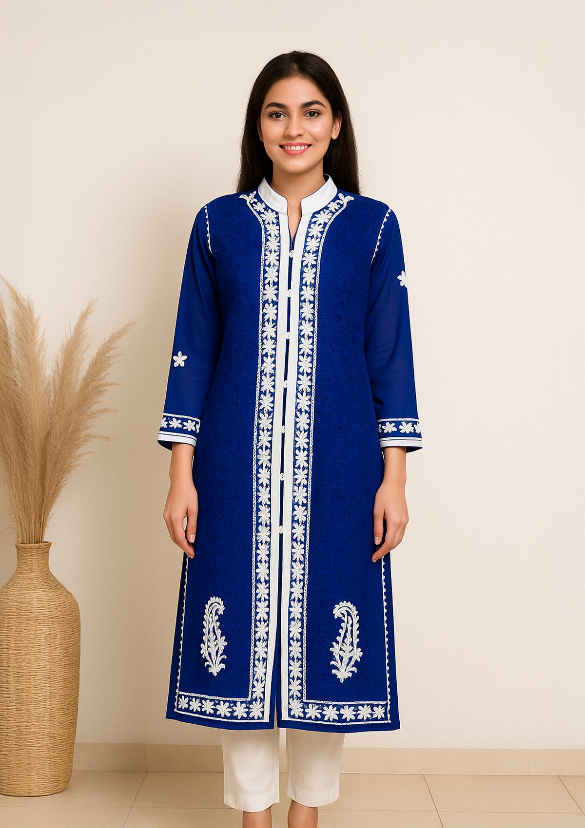 Royal Blue Georgette Embroidered Long Kurta – White Floral Detailing
