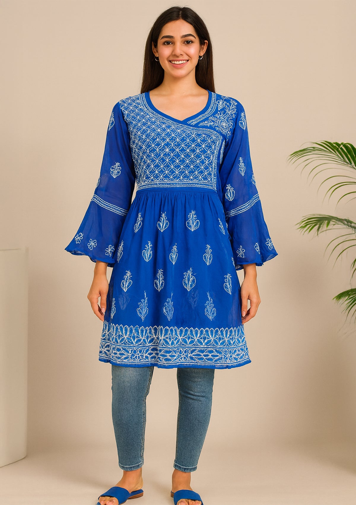 Royal Blue Net Embroidered Frock-Style Kurti – Short Length