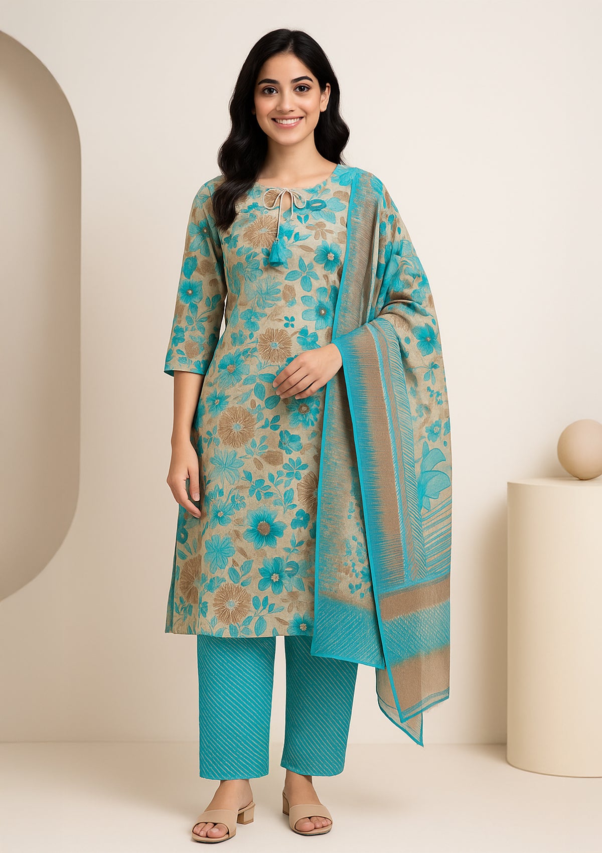 Comfortable Blue Floral with Dupatta - Stitched Suit/Kurti Set
