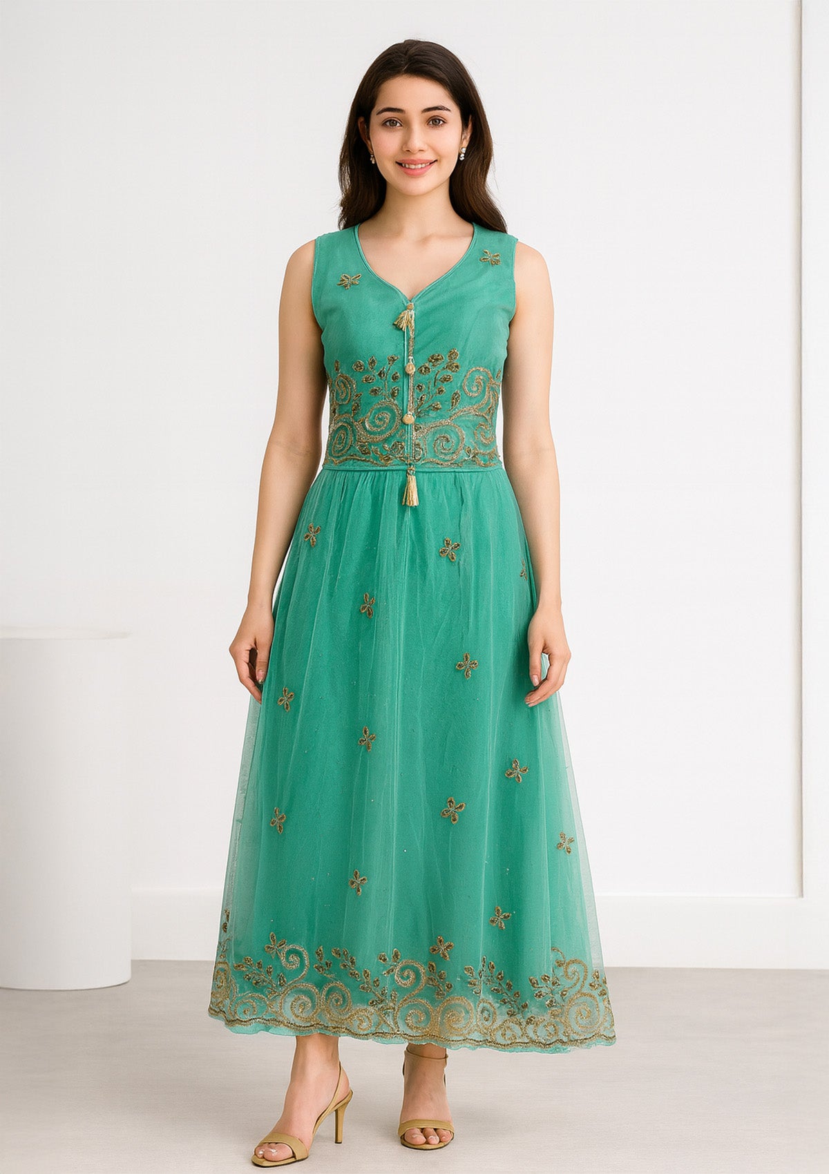 Elegant Green Net Anarkali Gown with Golden Embroidery