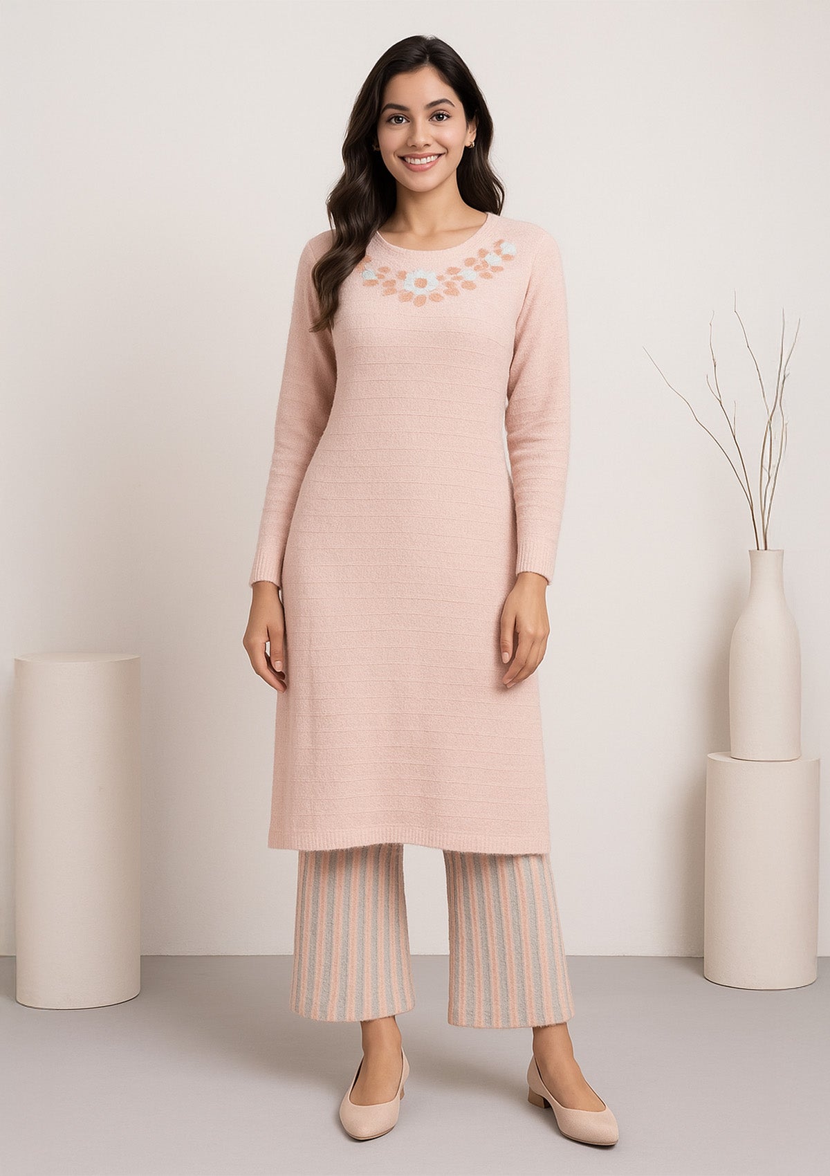 Feather Wool Peach Pink Suit Set with Embroidered Floral Neckline