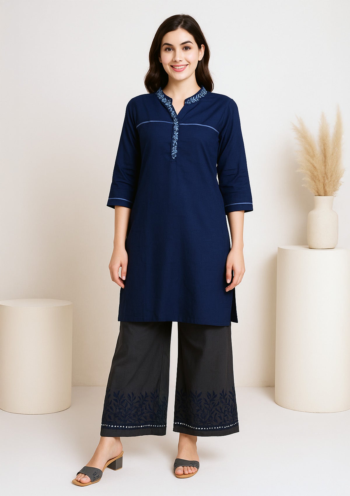 Navy Blue Kurti with Intricate Floral Embroidery with Palazzo Pant