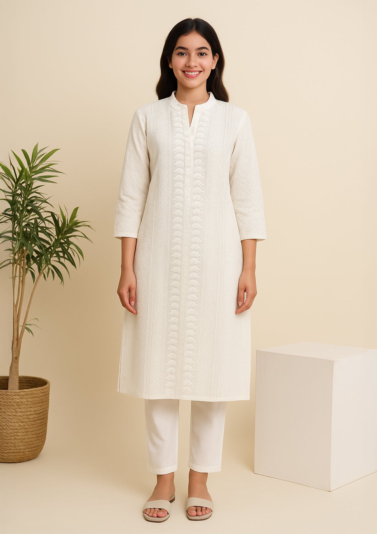 ClothingSutra Chikankari Embroidered White Cotton Kurti – Elegant Straight Fit M
